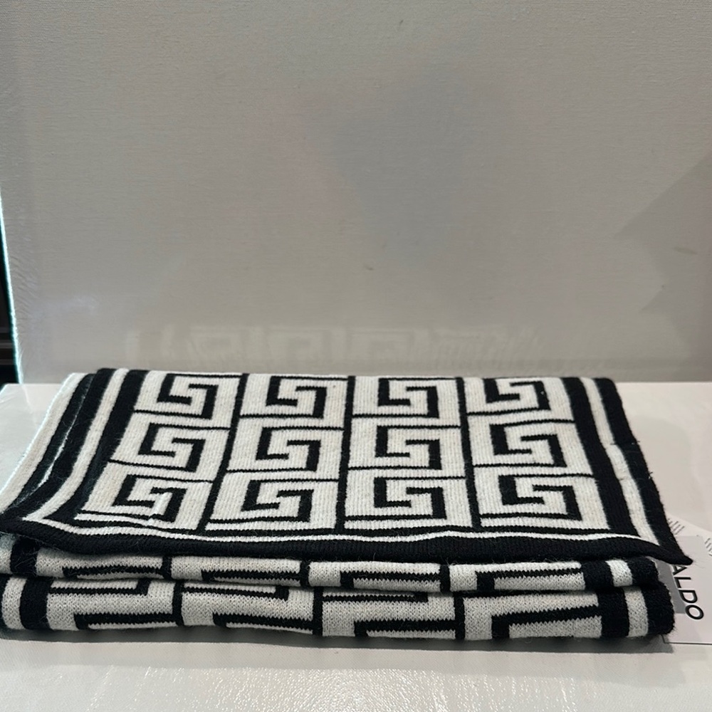 Aldo Black & White Greek Key Assymetrical Long Scarf 67” long/12” wide.